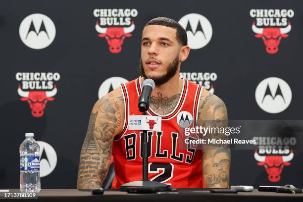 Lonzo Ball of the Chicago Bulls answers questions from reporters during Media Day at Advocate Center on October 02, 2023 in Chicago, Illinois.