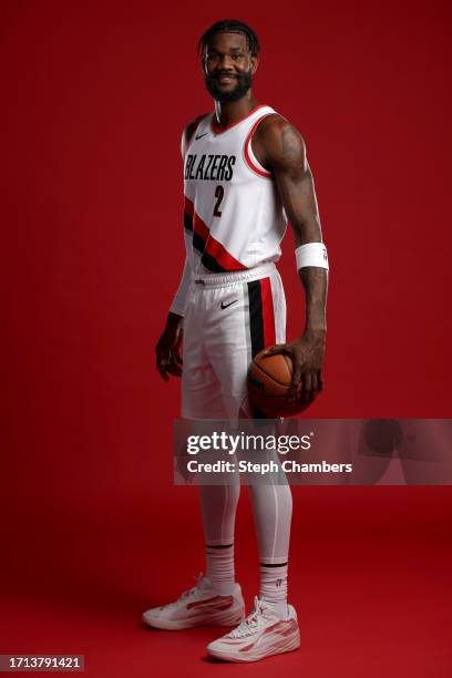 Deandre Ayton of the Portland Trail Blazers poses for a portrait during Blazers Media Day at Veterans Memorial Coliseum on October 02, 2023 in...