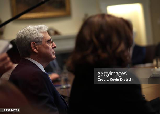 Attorney General Merrick Garland listens as U.S. President Joe Biden speaks at a Cabinet meeting at the White House on October 02, 2023 in...