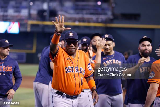 Manager Dusty Baker Jr. #12 of the Houston Astros acknowledges the crowd after the Astros defeated the Arizona Diamondbacks 8-1 at Chase Field on...