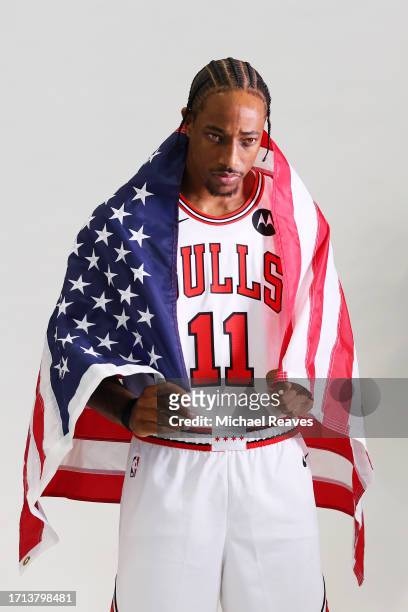 DeMar DeRozan of the Chicago Bulls poses for a photographer during Media Day at Advocate Center on October 02, 2023 in Chicago, Illinois.