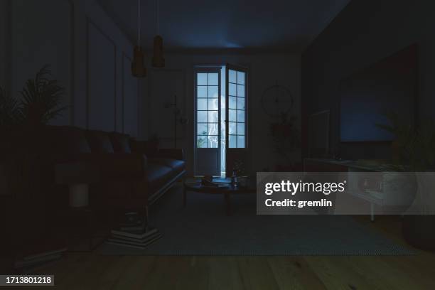ghost in the living room at night - dark stock pictures, royalty-free photos & images