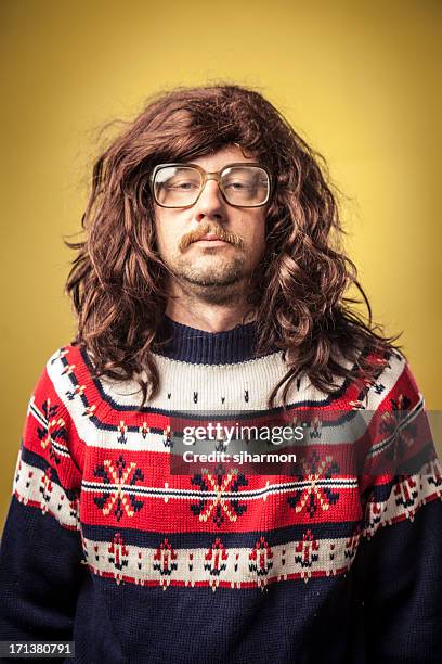 tired or squinting ugly 1980s man bad sweater portrait - hillbilly bildbanksfoton och bilder