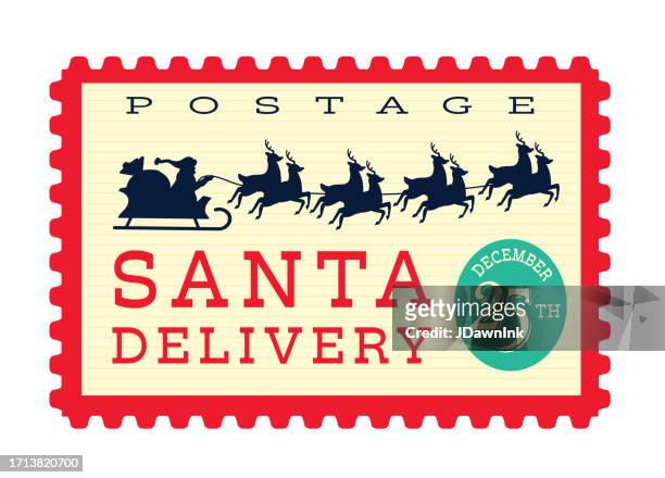 weihnachtsmannlieferung mit weihnachtsschlitten und rentierbriefmarke mit heller farbpalette auf weißem hintergrund - postmark stock-grafiken, -clipart, -cartoons und -symbole