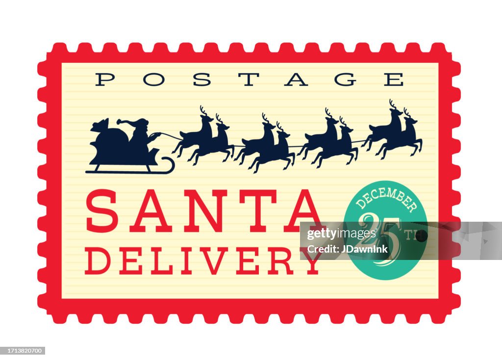 Entrega de Navidad de Santa con trineo de Santa y sello postal de reno con paleta de colores brillantes sobre fondo blanco