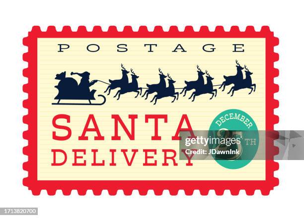 illustrazioni stock, clip art, cartoni animati e icone di tendenza di consegna di babbo natale con slitta di babbo natale e francobollo di renna con tavolozza di colori brillanti su sfondo bianco - timbro postale
