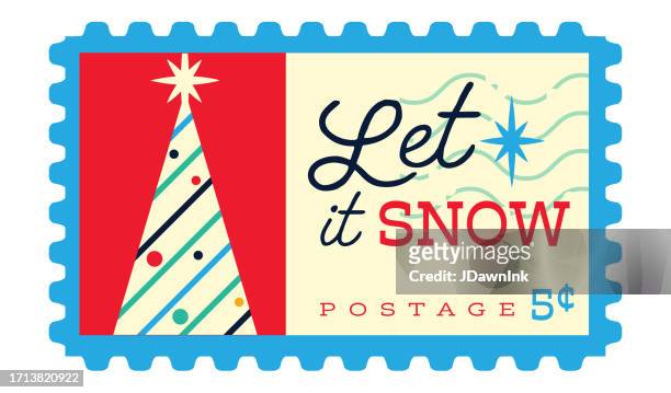 christmas let it snow postage stamp with christmas tree bright color palette on white background - snow white eps stock illustrations