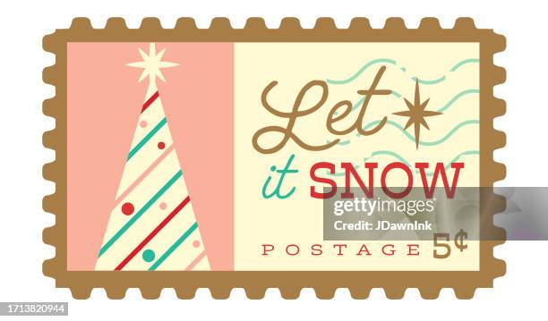 christmas let it snow postage stamp with christmas tree bright color palette on white background - snow white eps stock illustrations