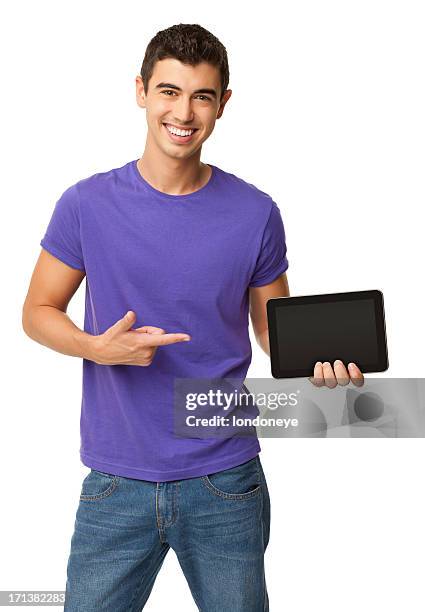 young boy pointing at digital tablet - isolated - male teen tablet bildbanksfoton och bilder