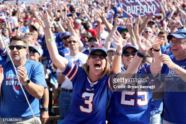 Fans react during the second quarter of a game between the Buffalo Bills and the Miami Dolphins at Highmark Stadium on October 01, 2023 in Orchard...