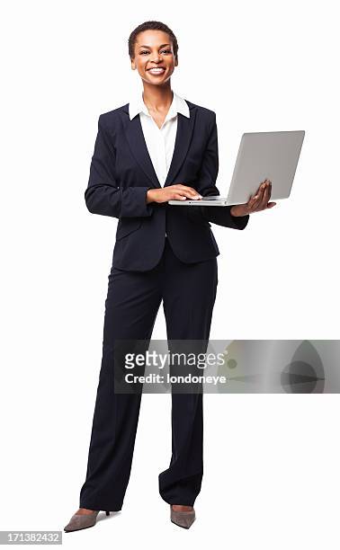african american businesswoman typing on laptop - isolated - african american businesswoman isolated stockfoto's en -beelden