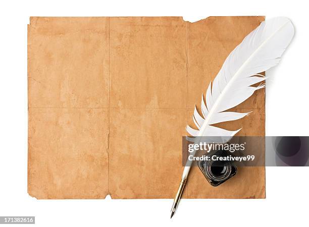 quill pen and old paper - feather quill stock pictures, royalty-free photos & images