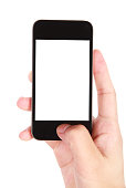 Hand holding blank screen smart phone on white background