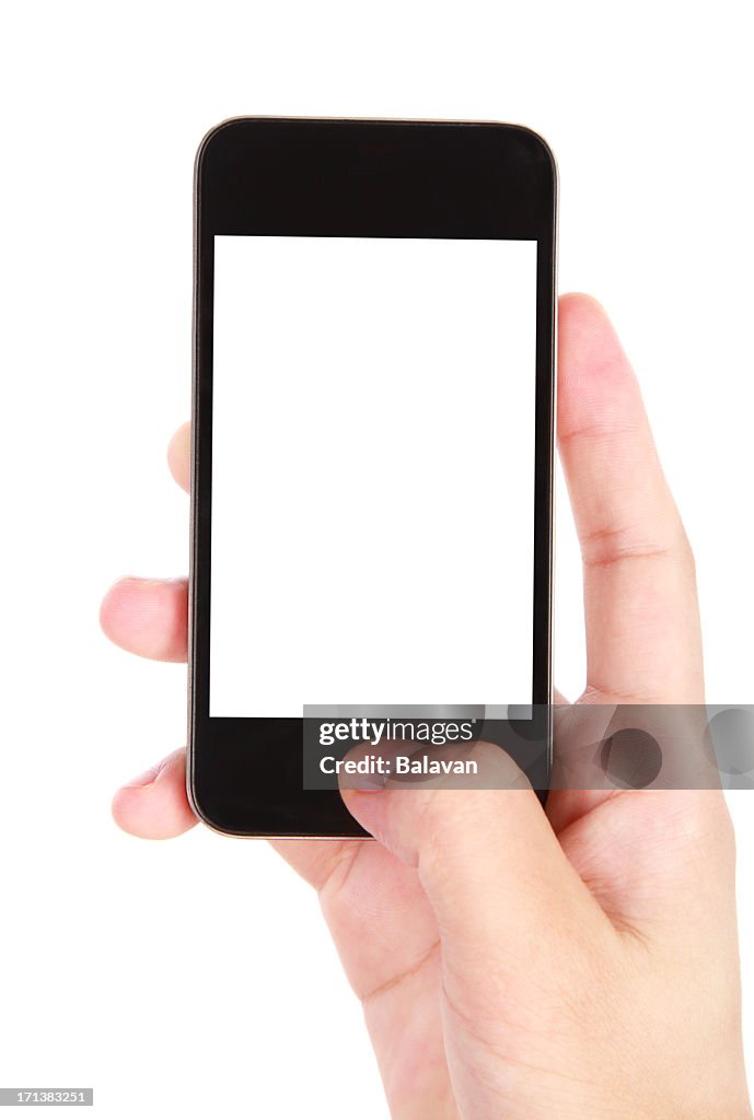 Hand holding blank screen smart phone on white background