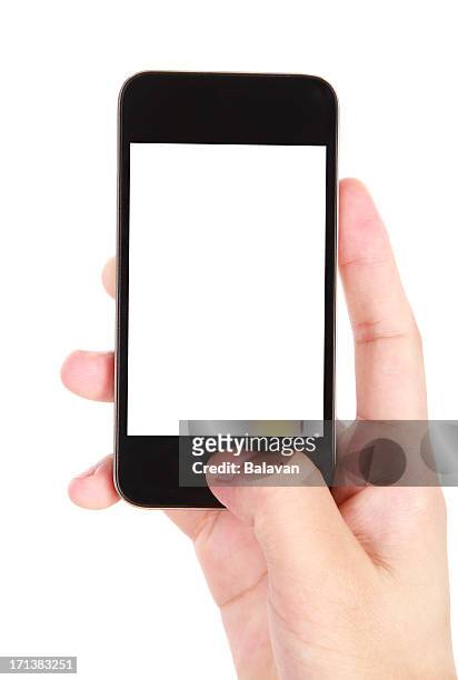 hand holding blank screen smart phone on white background - mobility icon stock pictures, royalty-free photos & images