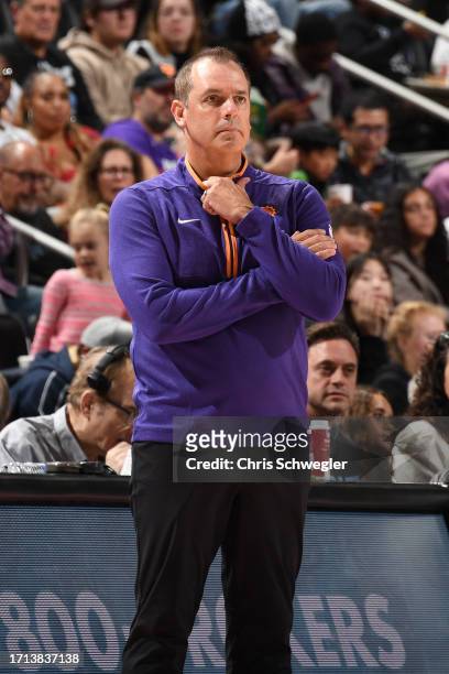Frank Vogel Head Coach of the Phoenix Suns looks on during the game against the Detroit Pistons on October 8, 2023 at Little Caesars Arena in...