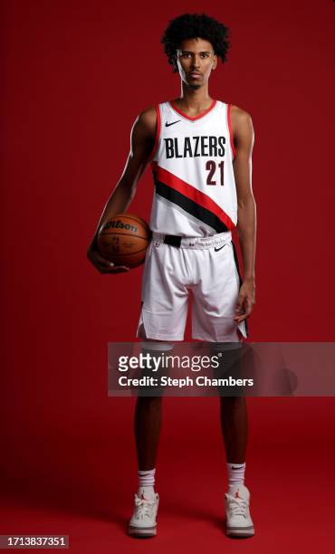 John Butler Jr. #21 of the Portland Trail Blazers poses for a portrait during Blazers Media Day at Veterans Memorial Coliseum on October 02, 2023 in...