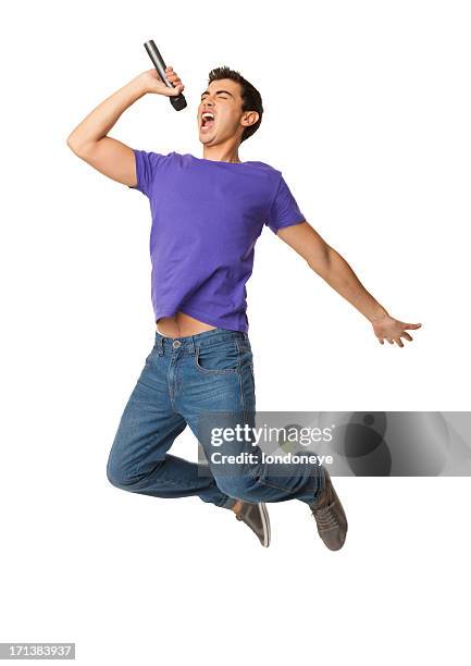 young boy singing in mid-air - isolated - karaoke stock pictures, royalty-free photos & images
