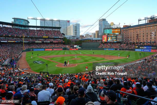 General view of Oriole Park during Game 2 of the Division Series between the Texas Rangers and the Baltimore Orioles at Oriole Park at Camden Yards...