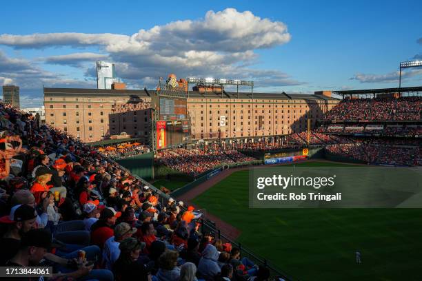 General view of Oriole Park during Game 2 of the Division Series between the Texas Rangers and the Baltimore Orioles at Oriole Park at Camden Yards...