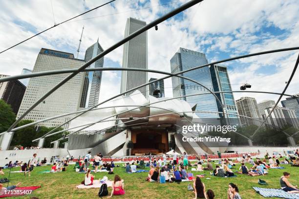 summer concert at the millennium park in downtown chicago - michiganmeer stockfoto's en -beelden