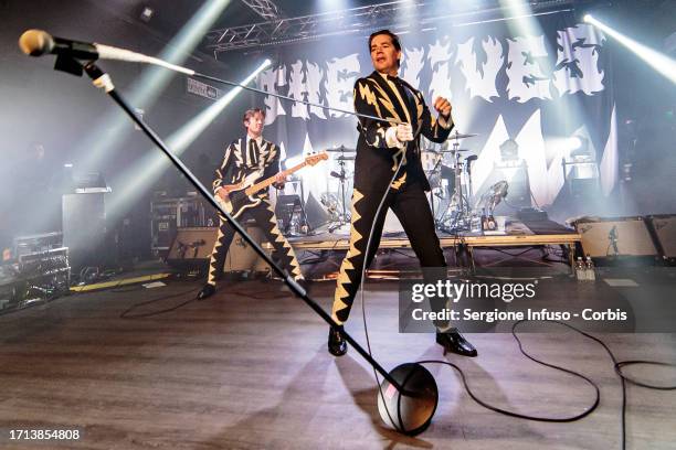 Johan Gustafsson and Pelle Almqvist of The Hives perform at Magazzini Generali on September 17, 2023 in Milan, Italy.