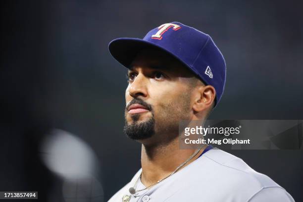 Marcus Semien of the Texas Rangers looks on after the fourth inning against the Los Angeles Angels at Angel Stadium of Anaheim on September 25, 2023...