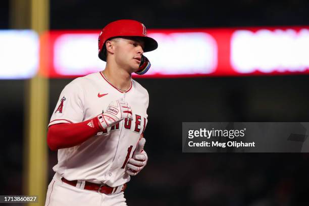 Logan O'Hoppe of the Los Angeles Angels scores a home run in the second inning against the Texas Rangers at Angel Stadium of Anaheim on September 25,...