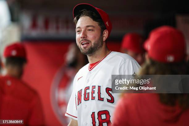 Nolan Schanuel of the Los Angeles Angels looks on from the dugout during the game ;T at Angel Stadium of Anaheim on September 25, 2023 in Anaheim,...