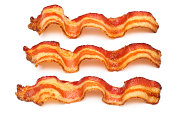 Three bacon slices on white background