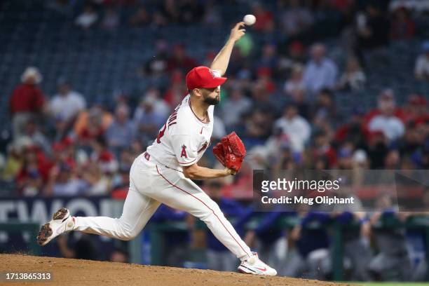 Patrick Sandoval of the Los Angeles Angels pitches in the second inning against the Texas Rangers at Angel Stadium of Anaheim on September 25, 2023...