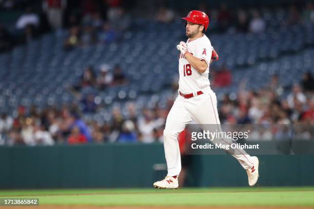 Nolan Schanuel of the Los Angeles Angels doubles in the first inning against the Texas Rangers at Angel Stadium of Anaheim on September 25, 2023 in...