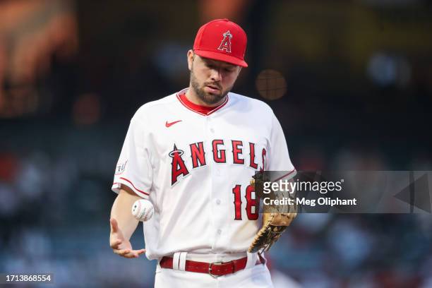 Nolan Schanuel of the Los Angeles Angels walks onto the field for the game against the Texas Rangers at Angel Stadium of Anaheim on September 25,...