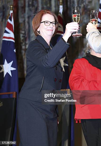 Prime Minister Julia Gillard cheers at the APH 25th Anniversary Morning Tea on June 24, 2013 in Canberra, Australia. Parliament returns today for the...