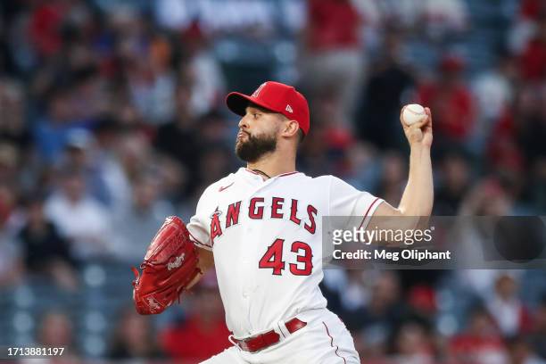 Patrick Sandoval of the Los Angeles Angels throws the first pitch against the Texas Rangers in the first inning at Angel Stadium of Anaheim on...