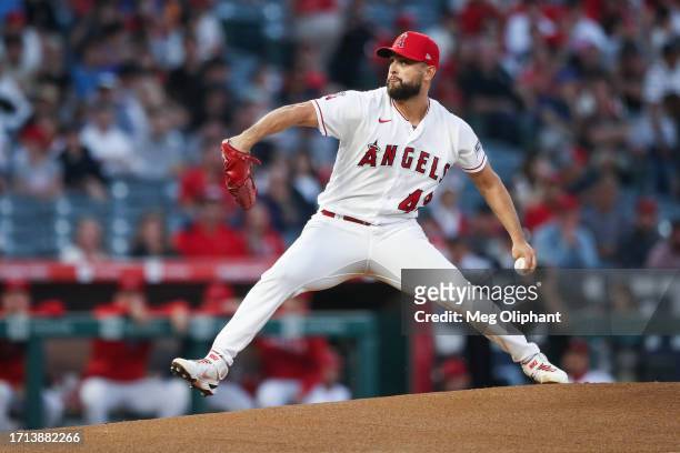Patrick Sandoval of the Los Angeles Angels throws the first pitch against the Texas Rangers in the first inning at Angel Stadium of Anaheim on...