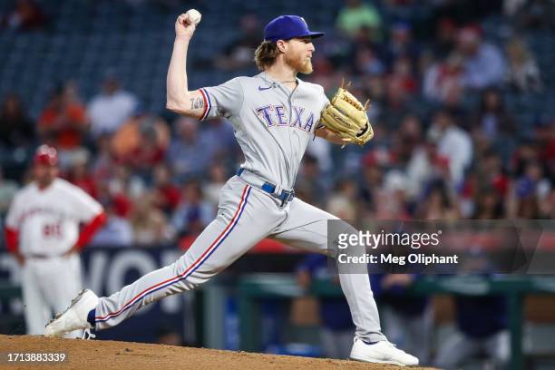 Jon Gray of the Texas Rangers pitches in the first inning against the Los Angeles Angels at Angel Stadium of Anaheim on September 25, 2023 in...