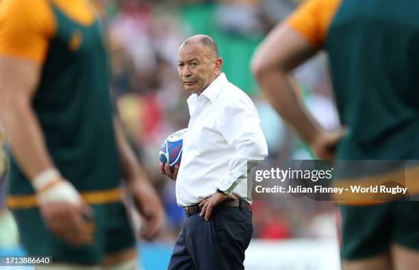 Eddie Jones, Head Coach of Australia, prior to the Rugby World Cup France 2023 match between Australia and Portugal at Stade Geoffroy-Guichard on...