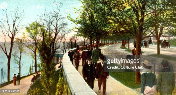 Early 20th century New York: Riverside Park and Drive. Painted photographic postcard. Pre-1st World War. Dvorák.