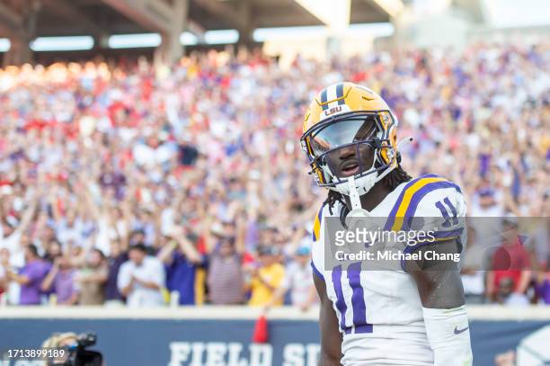 Wide receiver Brian Thomas Jr. #11 of the LSU Tigers during their game against the Mississippi Rebels at Vaught-Hemingway Stadium on September 30,...