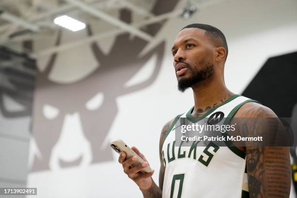 Damian Lillard of the Milwaukee Bucks is interviewed during media day on October 02, 2023 in Milwaukee, Wisconsin. NOTE TO USER: User expressly...