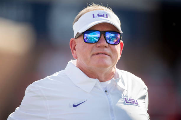 Head coach Brian Kelly of the LSU Tigers prior to their game against the Mississippi Rebels at Vaught-Hemingway Stadium on September 30, 2023 in...