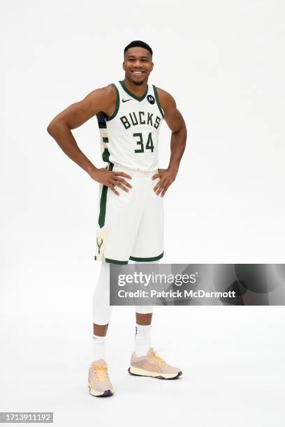 Giannis Antetokounmpo of the Milwaukee Bucks poses for portraits during media day on October 02, 2023 in Milwaukee, Wisconsin. NOTE TO USER: User...