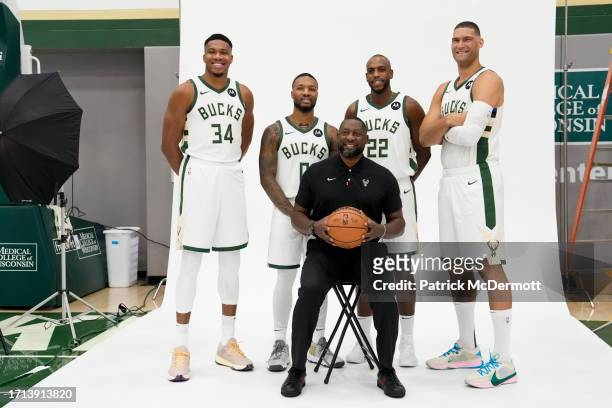 Head coach Adrian Griffin of the Milwaukee Bucks poses for portraits with Giannis Antetokounmpo, Damian Lillard, Khris Middleton and Brook Lopez...