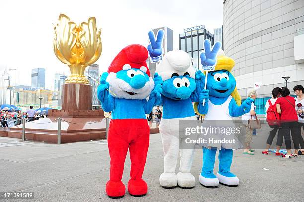 In this handout image provided by Sony Pictures Entertainment, Smurfs participate on Hong Kong Bus Tour in celebration for Global Smurfs Day 2013 on...