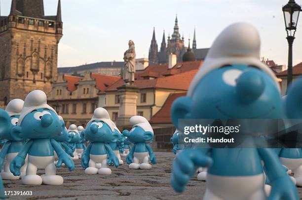 In this handout image provided by Sony Pictures Entertainment, Smurfs invade the Charles' Bridge, built on 1402 AD, in celebration of Global Smurfs...