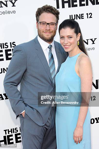 Actor Seth Rogen and Lauren Miller attend the premiere of Columbia Pictures' "This Is The End" at Regency Village Theatre on June 3, 2013 in...