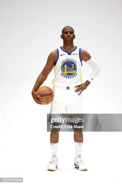 Chris Paul of the Golden State Warriors poses for a picture during the Warriors' media day on October 02, 2023 in San Francisco, California. NOTE TO...