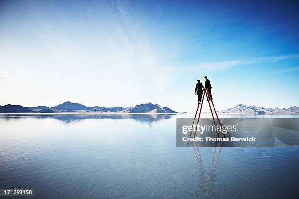 two businessmen together on top of ladder in lake - water plant stock-fotos und bilder