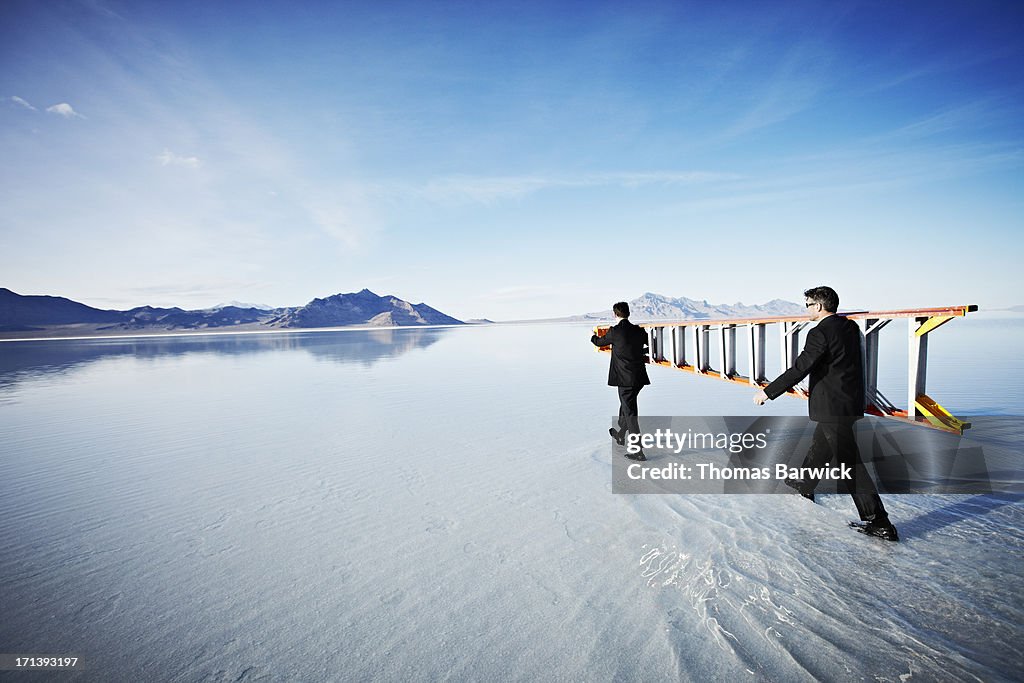 Two businessmen carrying ladder in shallow water